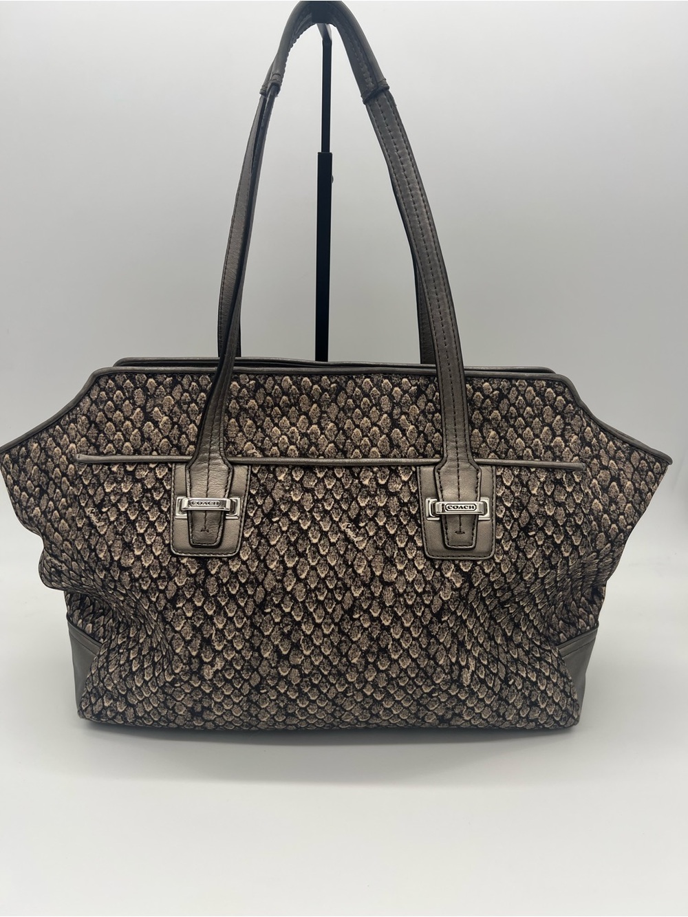 Coach Python Print Fabric Tote Bag Shoulder Bag with Leather Accents